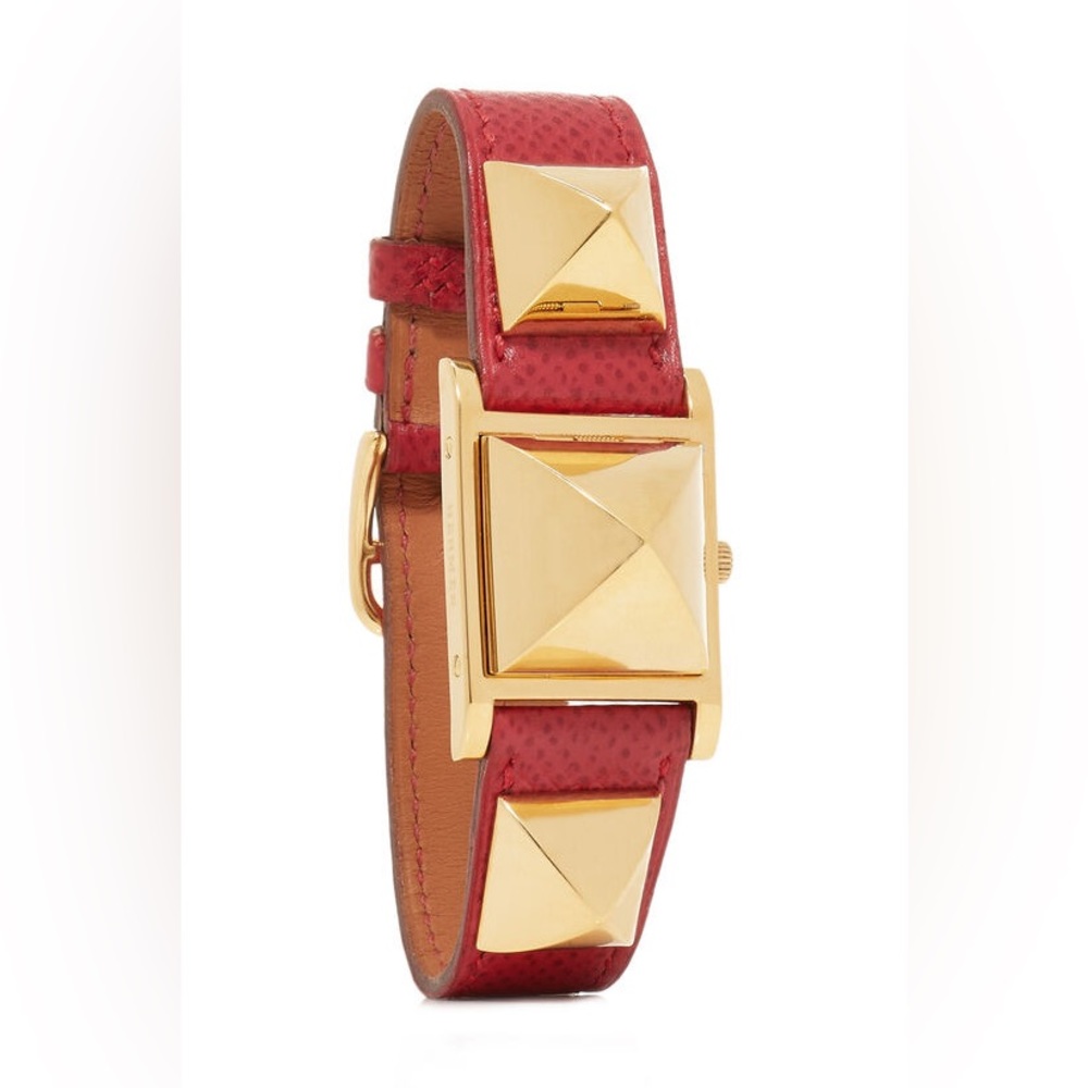 Hermes Red and Gold Courchevel Medor Watch Studded Leather Box Tag
